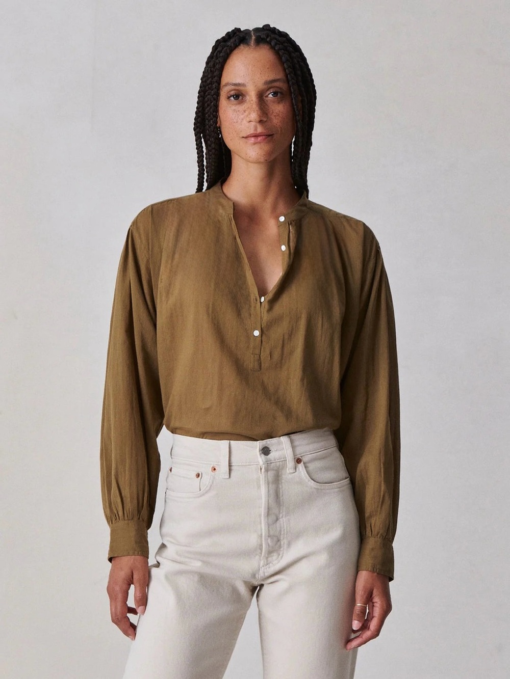 Buck Mason Dark Khaki Long-Sleeve Band-Collar Ojai/Studio Placket Shirt